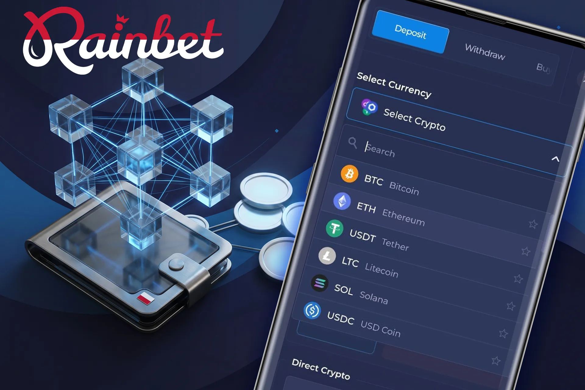 Nowoczesne metody wpłat i wypłat za pomocą kryptowalut, zilustrowane ekranem wyboru waluty obok przezroczystego portfela i cyfrowych bloków blockchain